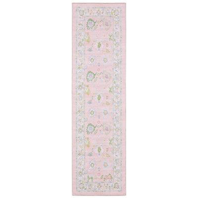 Addison ADD04 Pink/Green Area Rug, washable pink, green Oushak-style area rug with traditional printed pattern and low-profile surface.