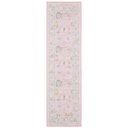 Addison ADD04 Pink/Green Area Rug, washable pink, green Oushak-style area rug with traditional printed pattern and low-profile surface.