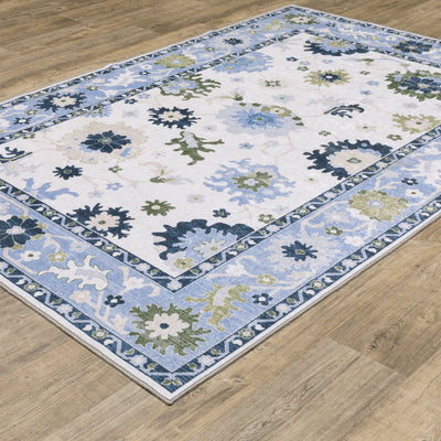 Addison ADD05 White/Blue Area Rug, washable white, blue area rug with Oushak-inspired printed design and non-slip backing.