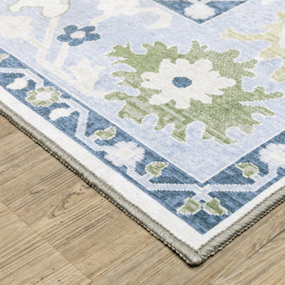 Addison ADD05 White/Blue Area Rug, washable white, blue area rug with Oushak-inspired printed design and non-slip backing.