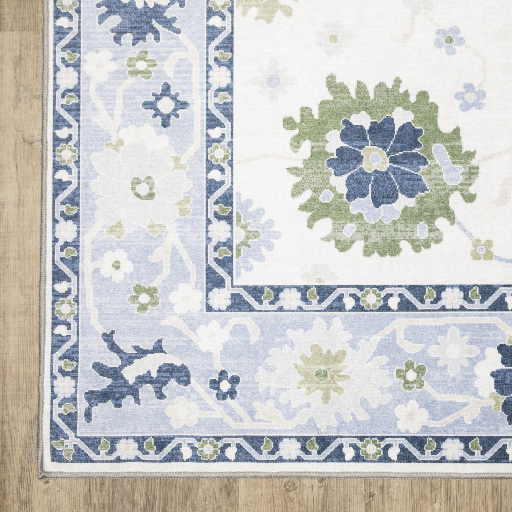 Addison ADD05 White/Blue Area Rug, washable white, blue area rug with Oushak-inspired printed design and non-slip backing.
