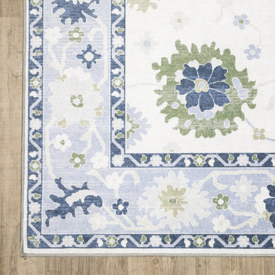 Addison ADD05 White/Blue Area Rug, washable white, blue area rug with Oushak-inspired printed design and non-slip backing.