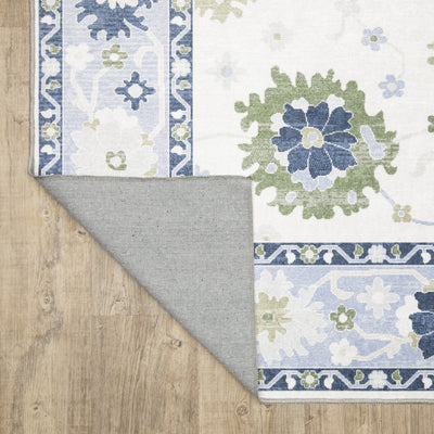 Addison ADD05 White/Blue Area Rug, washable white, blue area rug with Oushak-inspired printed design and non-slip backing.
