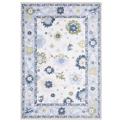 Addison ADD05 White/Blue Area Rug, washable white, blue area rug with Oushak-inspired printed design and non-slip backing.