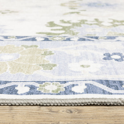 Addison ADD05 White/Blue Area Rug, washable white, blue area rug with Oushak-inspired printed design and non-slip backing.