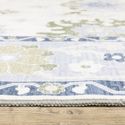 Addison ADD05 White/Blue Area Rug, washable white, blue area rug with Oushak-inspired printed design and non-slip backing.