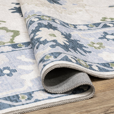 Addison ADD05 White/Blue Area Rug, washable white, blue area rug with Oushak-inspired printed design and non-slip backing.