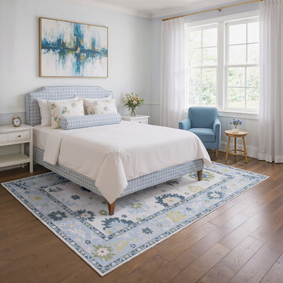 Addison ADD05 White/Blue Area Rug, washable white, blue area rug with Oushak-inspired printed design and non-slip backing.