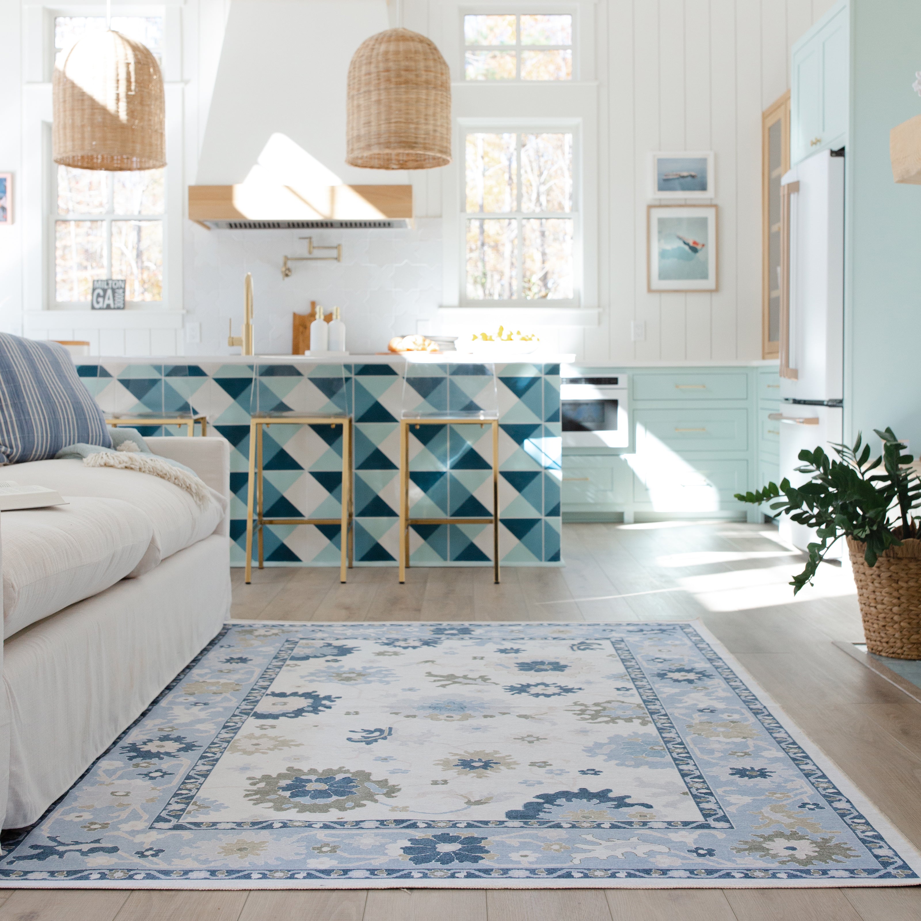 Addison ADD05 White/Blue Area Rug, washable white, blue area rug with Oushak-inspired printed design and non-slip backing.