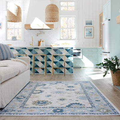 Addison ADD05 White/Blue Area Rug, washable white, blue area rug with Oushak-inspired printed design and non-slip backing.
