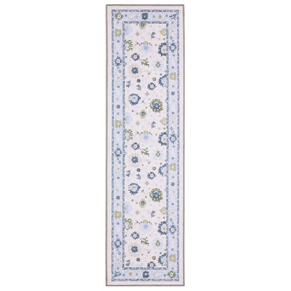 Addison ADD05 White/Blue Area Rug, washable white, blue area rug with Oushak-inspired printed design and non-slip backing.