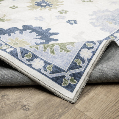 Addison ADD05 White/Blue Area Rug, washable white, blue area rug with Oushak-inspired printed design and non-slip backing.