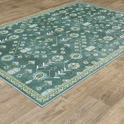 Addison ADD08 Teal/Green Area Rug, washable teal green area rug with Oushak-inspired printed design and low-profile surface.