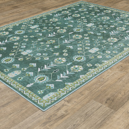 Addison ADD08 Teal/Green Area Rug, washable teal green area rug with Oushak-inspired printed design and low-profile surface.
