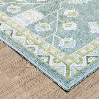 Addison ADD08 Teal/Green Area Rug, washable teal green area rug with Oushak-inspired printed design and low-profile surface.