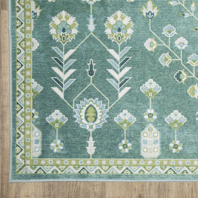 Addison ADD08 Teal/Green Area Rug, washable teal green area rug with Oushak-inspired printed design and low-profile surface.