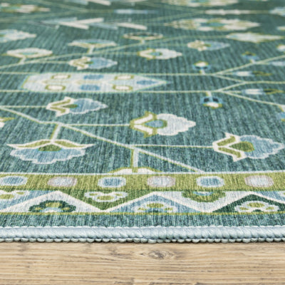 Addison ADD08 Teal/Green Area Rug, washable teal green area rug with Oushak-inspired printed design and low-profile surface.