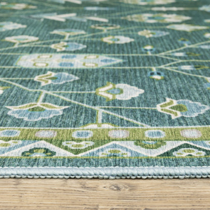 Addison ADD08 Teal/Green Area Rug, washable teal green area rug with Oushak-inspired printed design and low-profile surface.