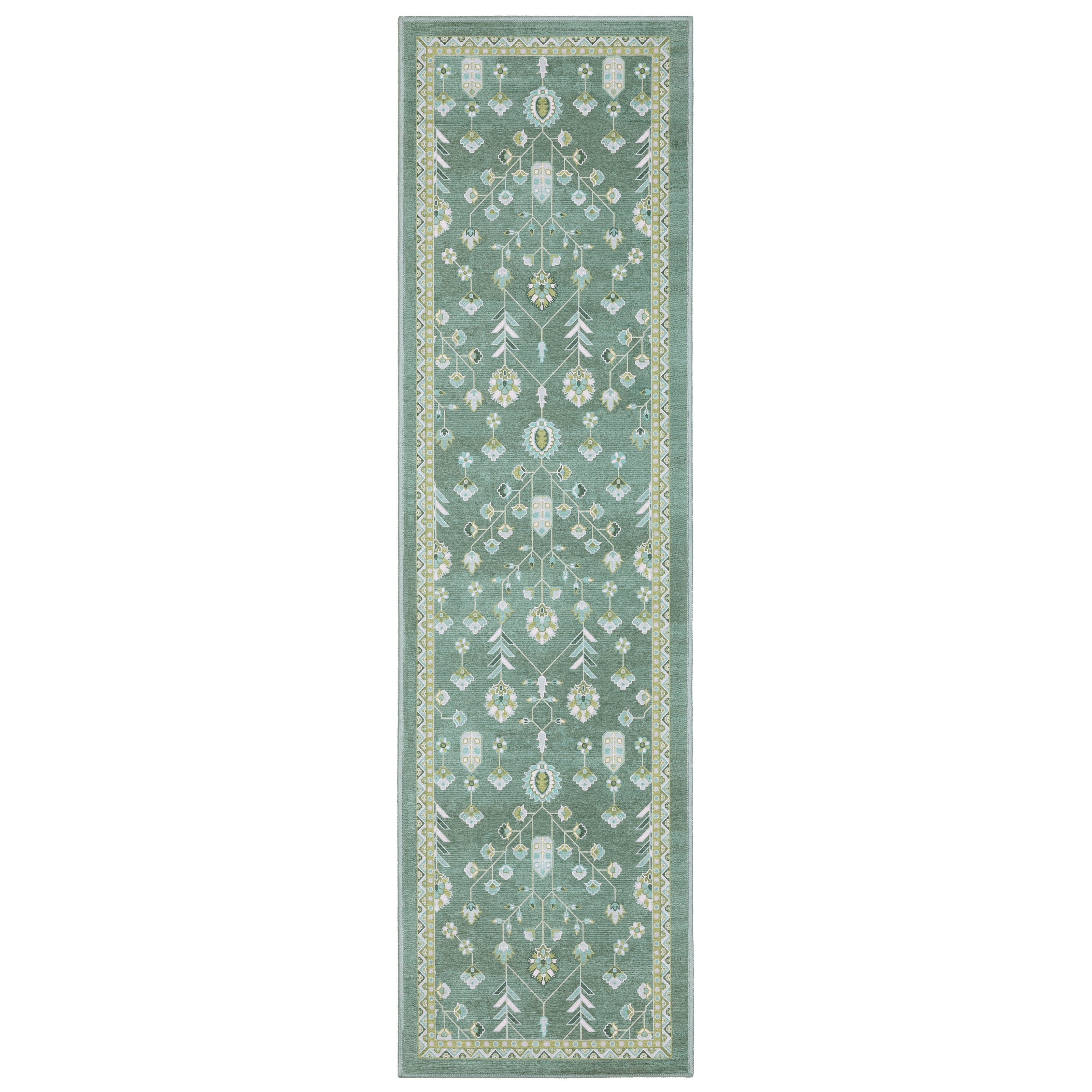Addison ADD08 Teal/Green Area Rug, washable teal green area rug with Oushak-inspired printed design and low-profile surface.