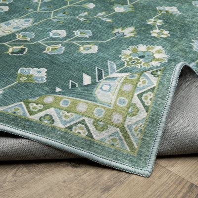 Addison ADD08 Teal/Green Area Rug, washable teal green area rug with Oushak-inspired printed design and low-profile surface.