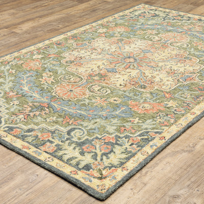 Alfresco 28401 Green/Blue Area Rug, Bohemian green blue wool area rug with space-dyed texture and relaxed sun-washed pattern.