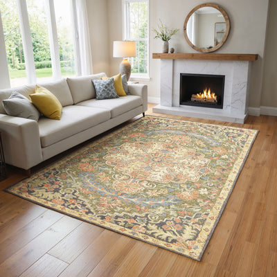 Alfresco 28401 Green/Blue Area Rug, Bohemian green blue wool area rug with space-dyed texture and relaxed sun-washed pattern.