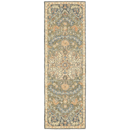 Alfresco 28401 Green/Blue Area Rug, Bohemian green blue wool area rug with space-dyed texture and relaxed sun-washed pattern.