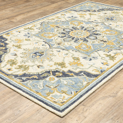 Alfresco 28402 Blue/Ivory Area Rug, Bohemian blue ivory wool area rug with handcrafted looped pile and vintage sun-washed accents.