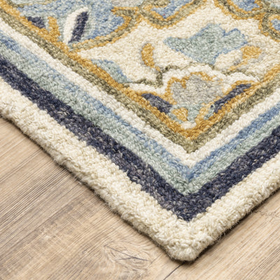 Alfresco 28402 Blue/Ivory Area Rug, Bohemian blue ivory wool area rug with handcrafted looped pile and vintage sun-washed accents.