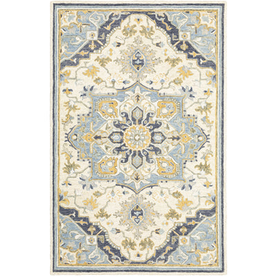 Alfresco 28402 Blue/Ivory Area Rug, Bohemian blue ivory wool area rug with handcrafted looped pile and vintage sun-washed accents.