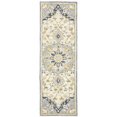 Alfresco 28402 Blue/Ivory Area Rug, Bohemian blue ivory wool area rug with handcrafted looped pile and vintage sun-washed accents.
