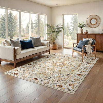 Alfresco 28403 Ivory/Beige Area Rug, Bohemian ivory beige wool area rug with textured pile and subtle sun-washed design.