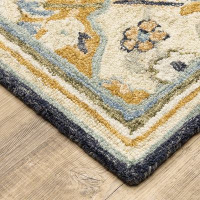 Alfresco 28406 Blue/Gold Area Rug, Bohemian blue gold wool area rug with looped texture and warm sun-washed accent colors.