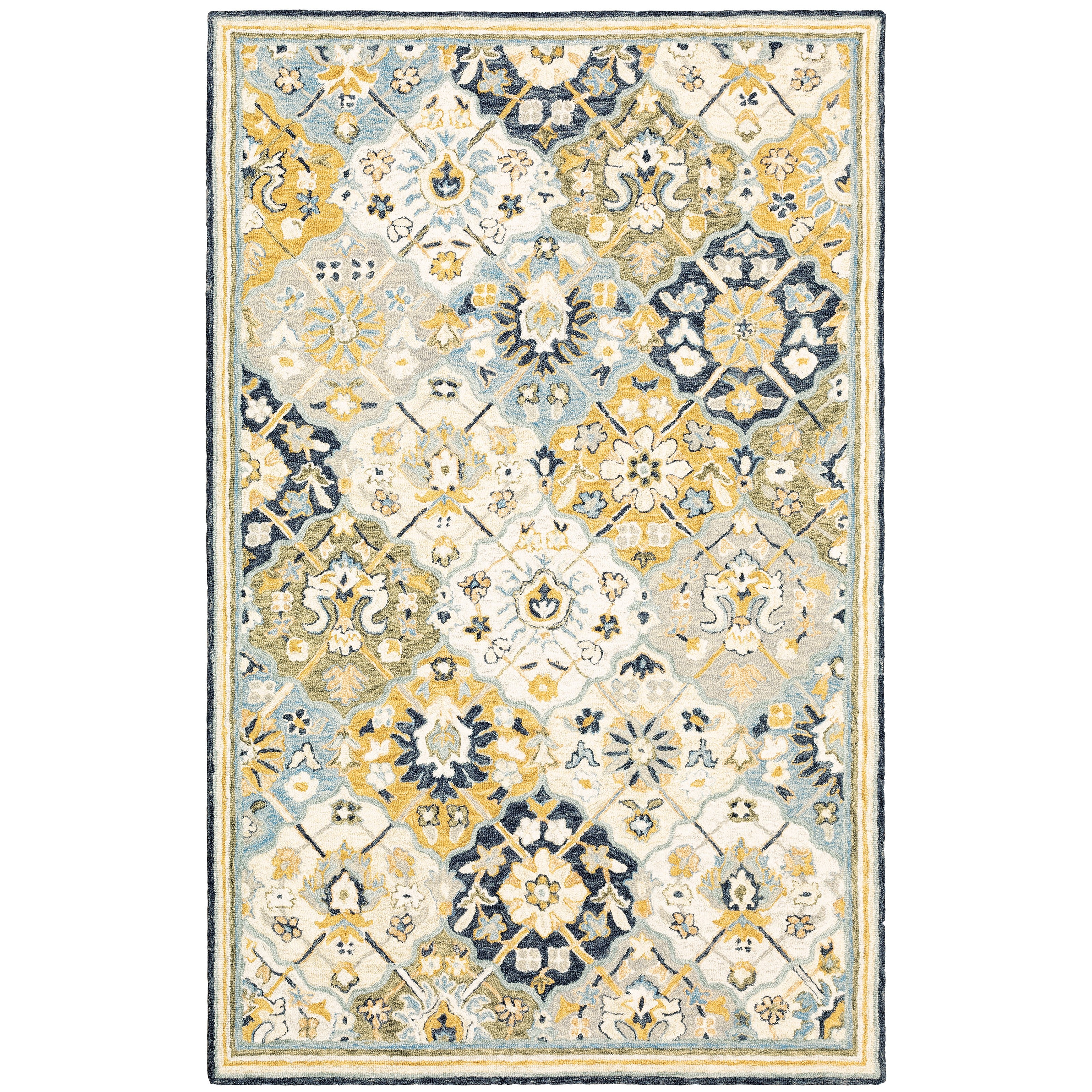 Alfresco 28406 Blue/Gold Area Rug, Bohemian blue gold wool area rug with looped texture and warm sun-washed accent colors.