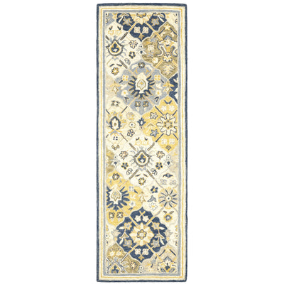 Alfresco 28406 Blue/Gold Area Rug, Bohemian blue gold wool area rug with looped texture and warm sun-washed accent colors.