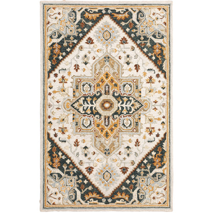 Alfresco 28407 Ivory/Charcoal Area Rug, Bohemian ivory charcoal wool area rug with textured looped pile and sun-washed accent tones.