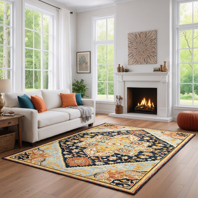 Alfresco 28408 Navy/Rust Area Rug, Bohemian navy rust wool area rug with handcrafted texture and warm vintage-inspired color.