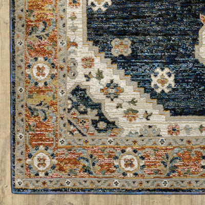 Andorra 2281E Blue/Orange Area Rug, blue, orange modern traditional area rug with bold vintage-inspired pattern and dense soft pile.