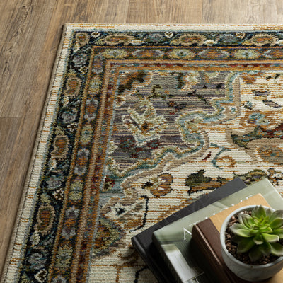 Andorra 2281E Blue/Orange Area Rug, blue, orange modern traditional area rug with bold vintage-inspired pattern and dense soft pile.