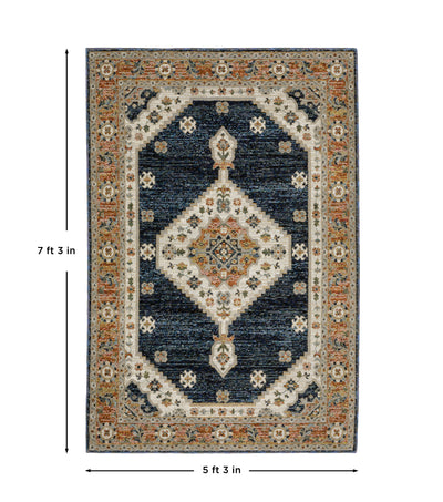 Andorra 2281E Blue/Orange Area Rug, blue, orange modern traditional area rug with bold vintage-inspired pattern and dense soft pile.