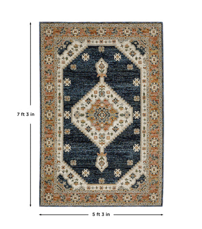 Andorra 2281E Blue/Orange Area Rug, blue, orange modern traditional area rug with bold vintage-inspired pattern and dense soft pile.