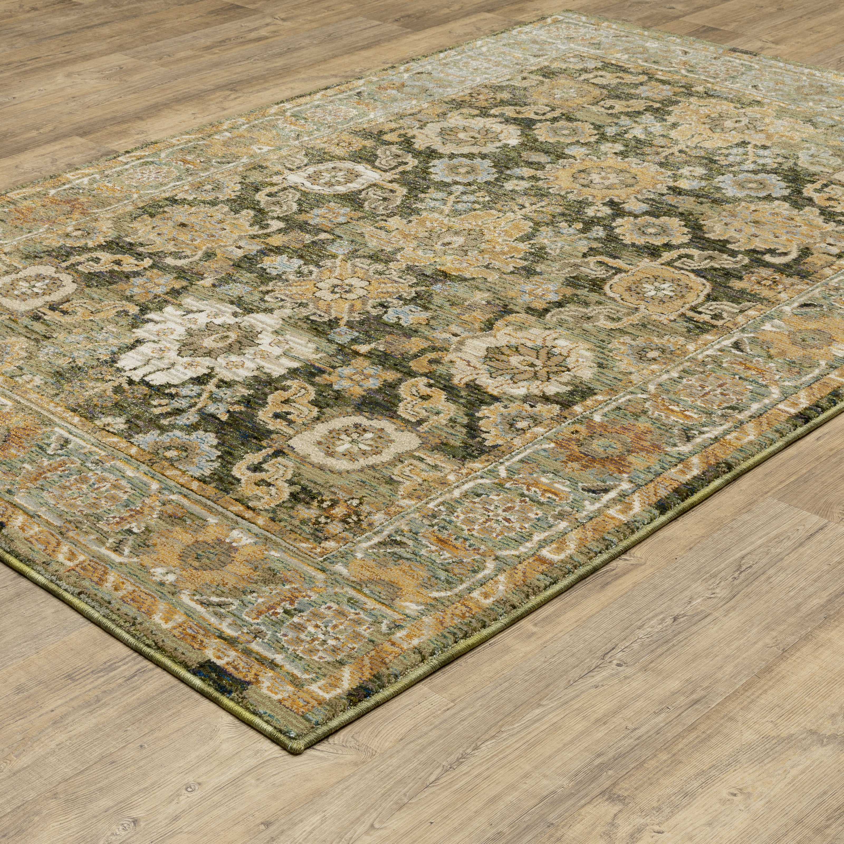 Andorra 2417B Green/Gold Area Rug, green gold modern traditional area rug with vintage-inspired pattern and dense soft pile.