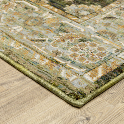 Andorra 2417B Green/Gold Area Rug, green gold modern traditional area rug with vintage-inspired pattern and dense soft pile.