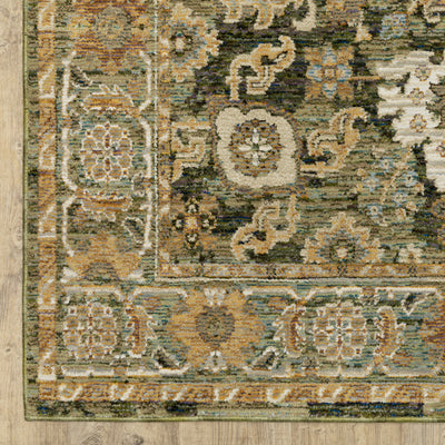 Andorra 2417B Green/Gold Area Rug, green gold modern traditional area rug with vintage-inspired pattern and dense soft pile.