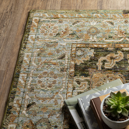 Andorra 2417B Green/Gold Area Rug, green gold modern traditional area rug with vintage-inspired pattern and dense soft pile.