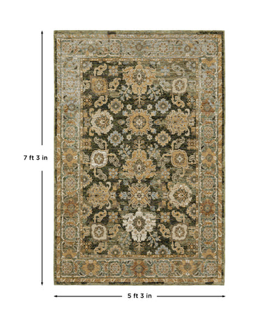 Andorra 2417B Green/Gold Area Rug, green gold modern traditional area rug with vintage-inspired pattern and dense soft pile.