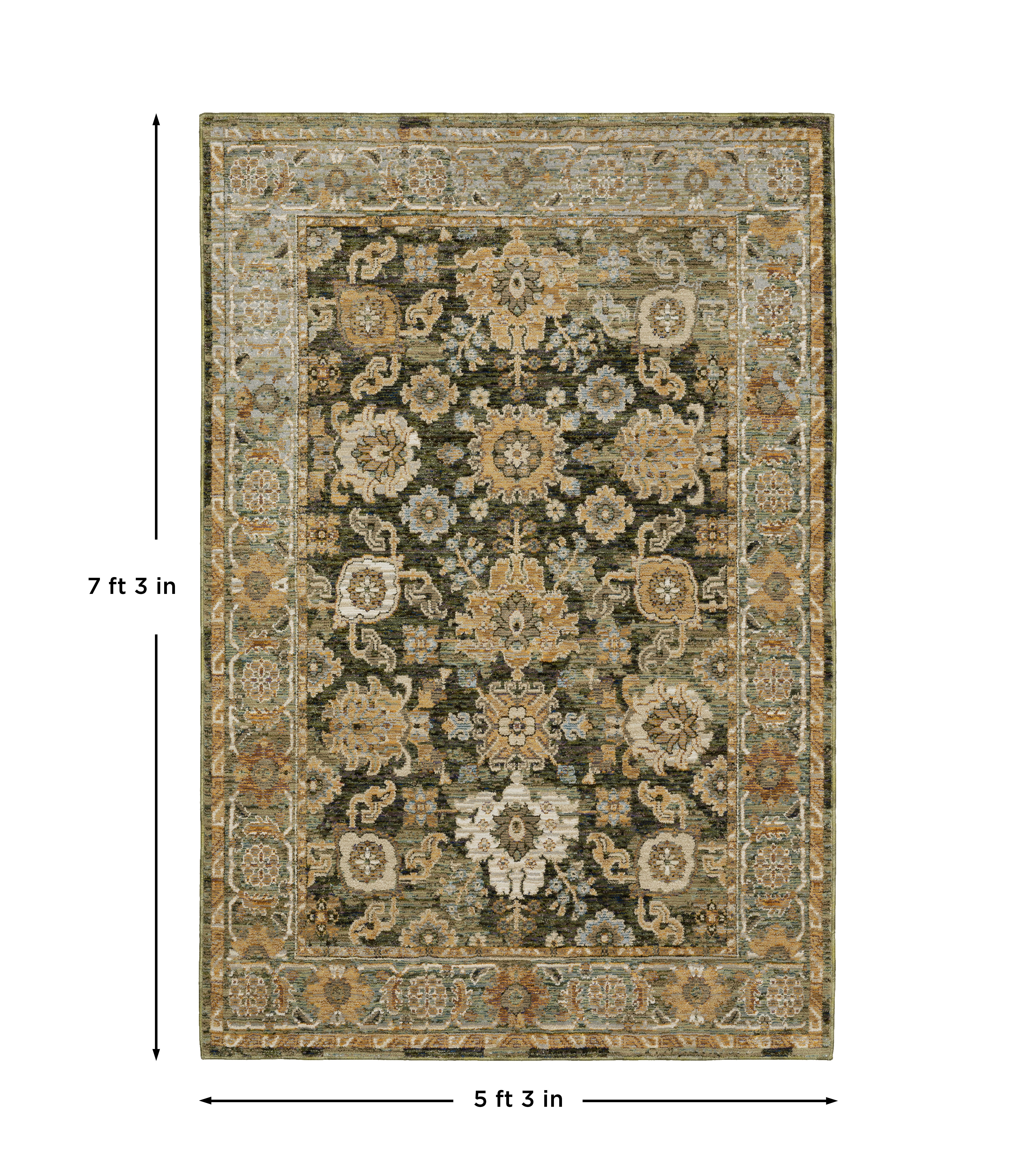 Andorra 2417B Green/Gold Area Rug, green gold modern traditional area rug with vintage-inspired pattern and dense soft pile.