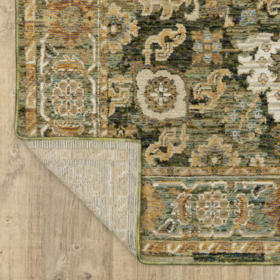 Andorra 2417B Green/Gold Area Rug, green gold modern traditional area rug with vintage-inspired pattern and dense soft pile.