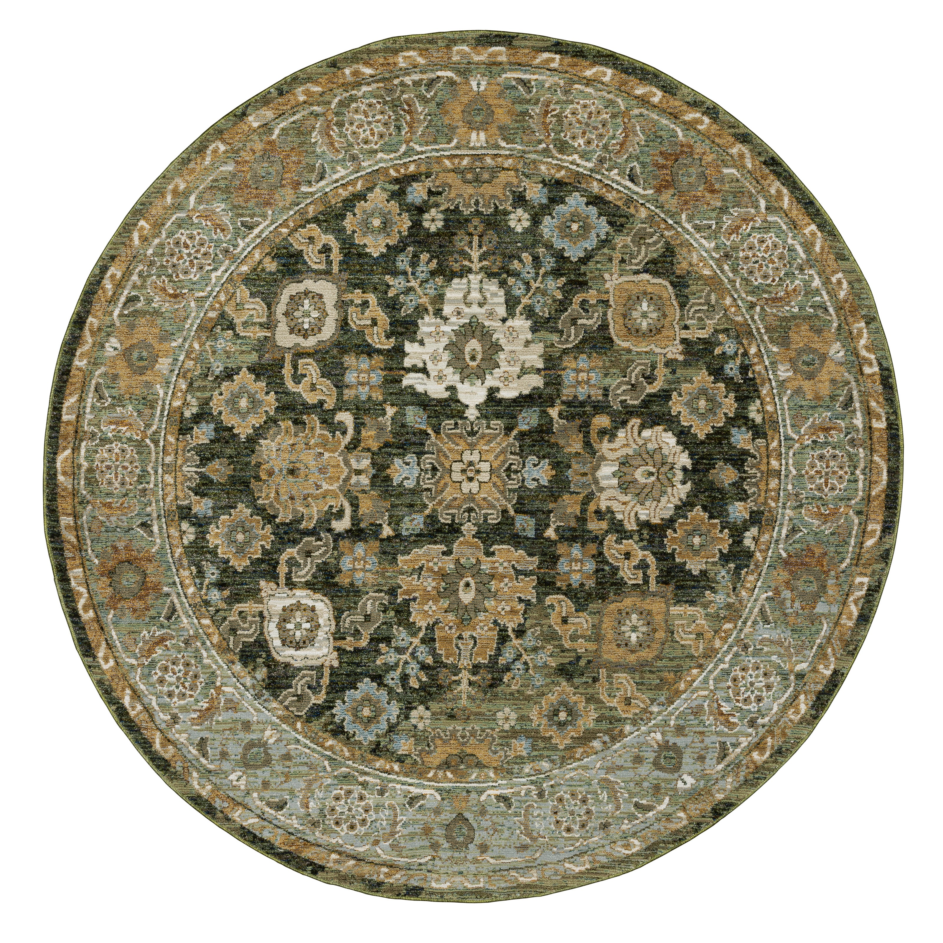 Andorra 2417B Green/Gold Area Rug, green gold modern traditional area rug with vintage-inspired pattern and dense soft pile.