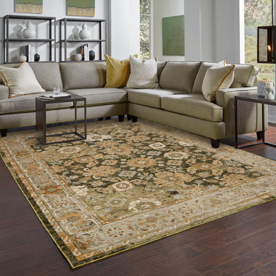 Andorra 2417B Green/Gold Area Rug, green gold modern traditional area rug with vintage-inspired pattern and dense soft pile.